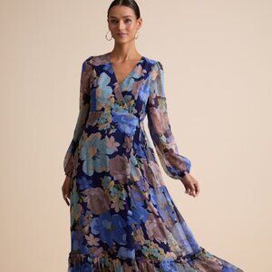Lulus Feeling Sweet Navy Floral Print Long Sleeve Wrap Maxi Dress Blue - Size S